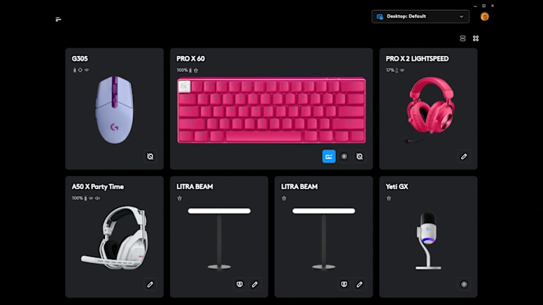 G HUB keyboard assignment workspace showing configurable controls and profile tools