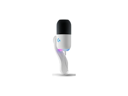White Yeti GX microphone angled toward the viewer for stream audio control