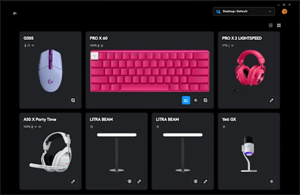 G HUB workspace showing connected headset, microphone, lighting and input devices